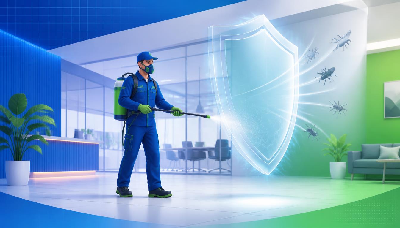Técnico da DD Pragas realizando controle de pragas em ambiente comercial